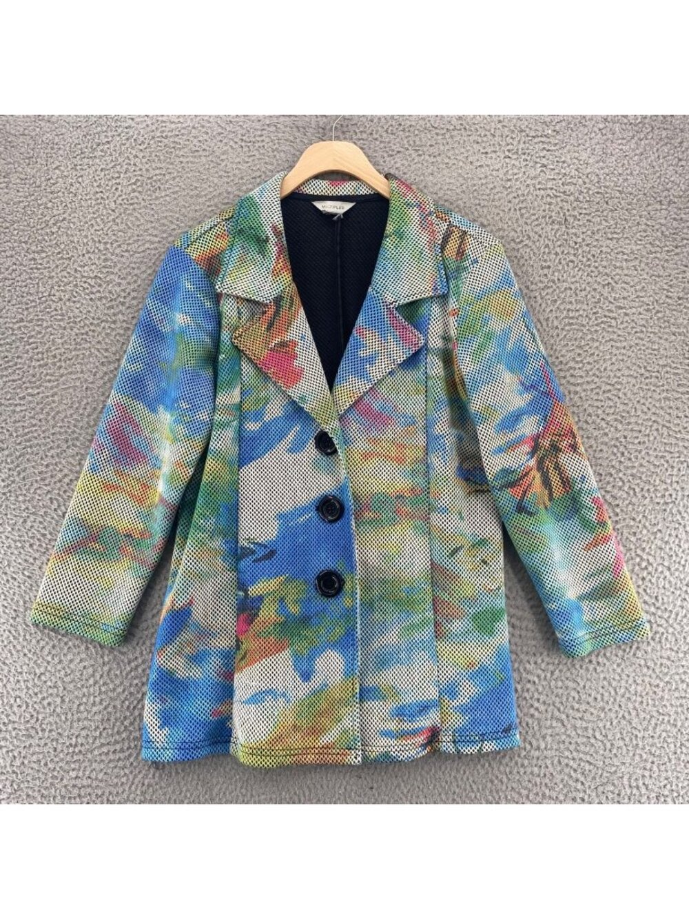 Multiples Blazer Womens M Blue Multi Abstract Fishnet Textured Button Up Career*
